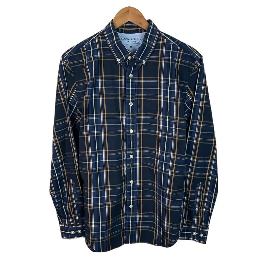 BF824 Mens Banana Republic Luxe Poplin GRANT Slim Fit Plaid Button Down Shirt M